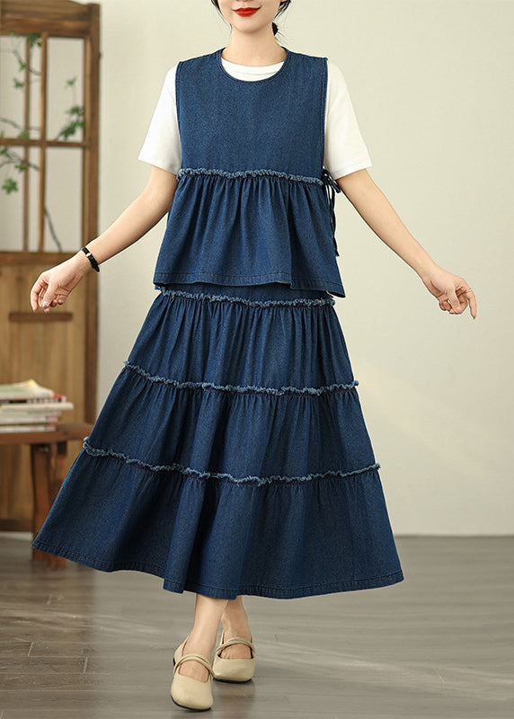 Loose Navy Ruffled Patchwork Denim Top And Maxi Skirts Two Piece Set Sleeveless