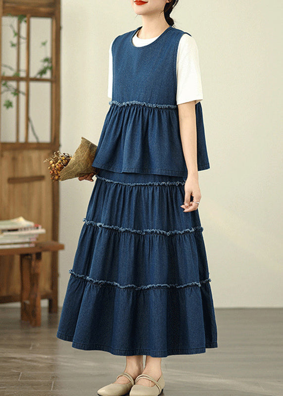 Loose Navy Ruffled Patchwork Denim Top And Maxi Skirts Two Piece Set Sleeveless