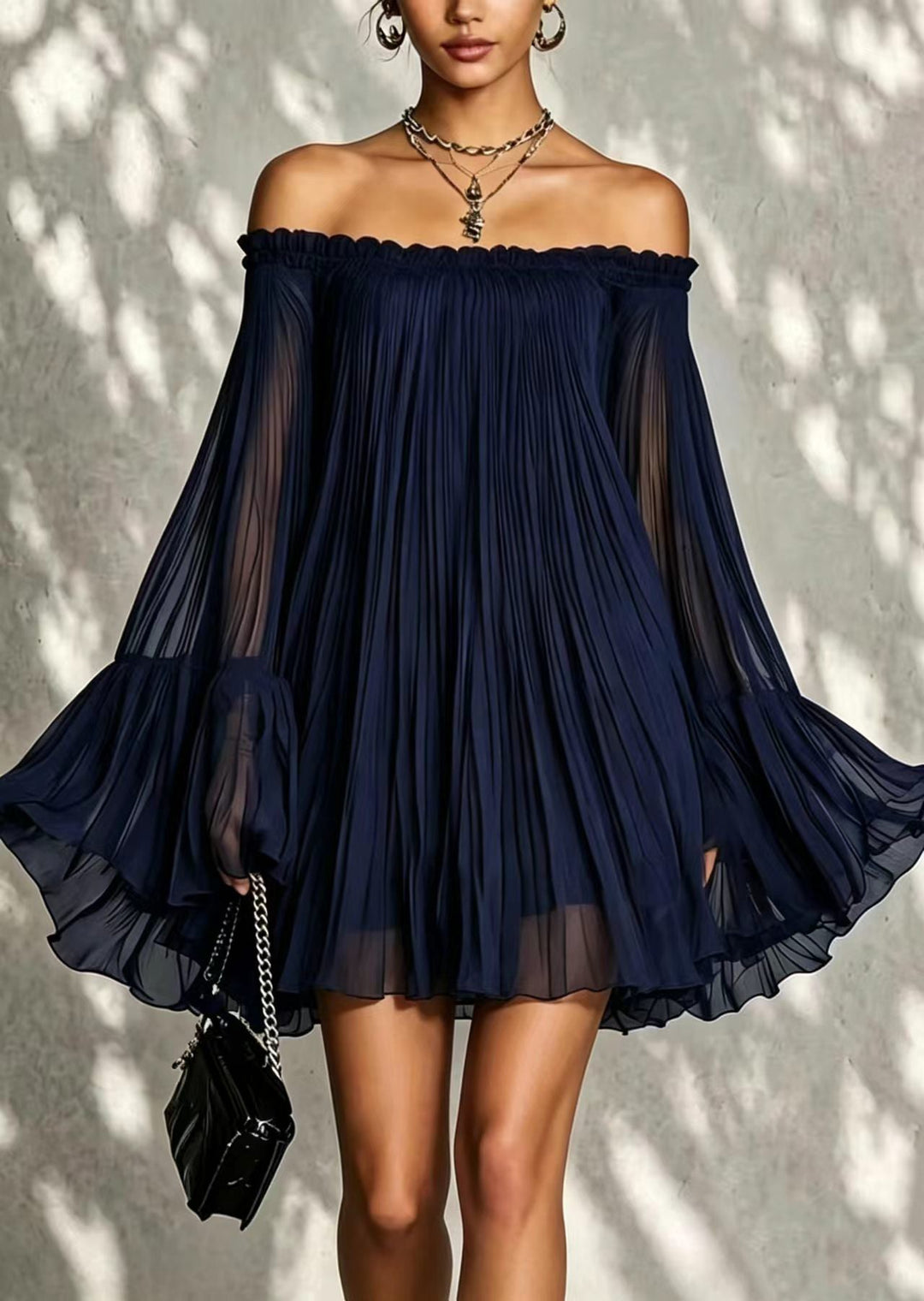 Loose Navy Slash Neck Pleated Chiffon Mini Dress Summer