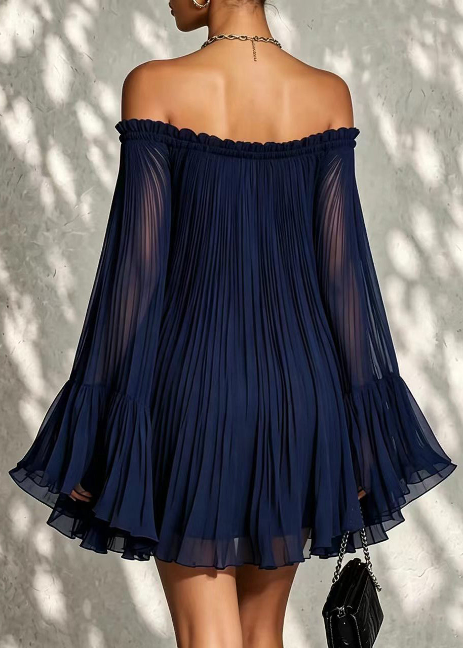 Loose Navy Slash Neck Pleated Chiffon Mini Dress Summer