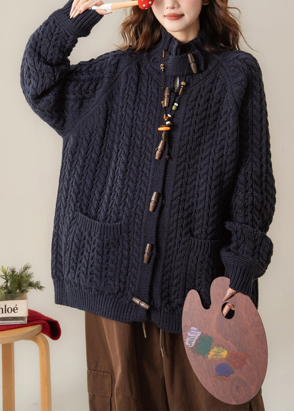 Loose Navy Stand Collar Pockets Cable Knit Coats Winter