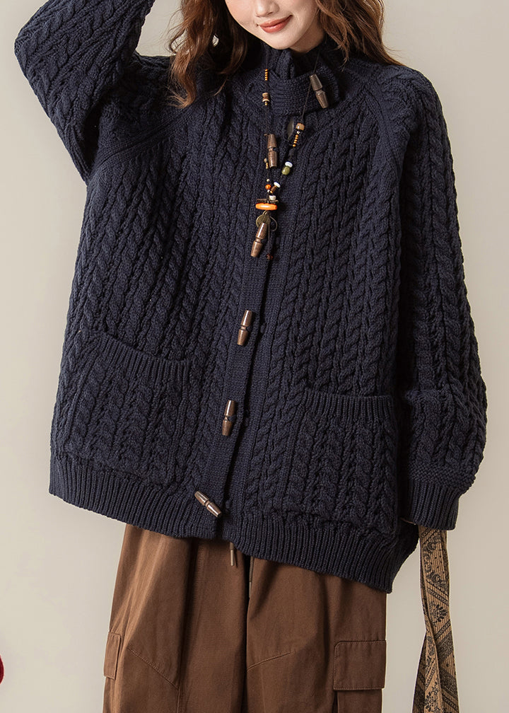 Loose Navy Stand Collar Pockets Cable Knit Coats Winter