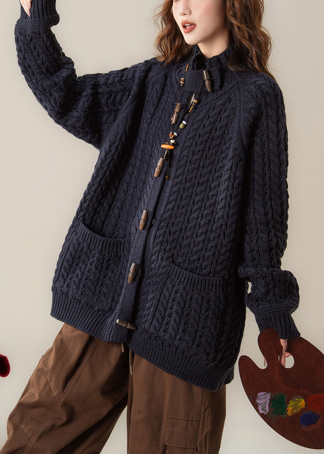 Loose Navy Stand Collar Pockets Cable Knit Coats Winter