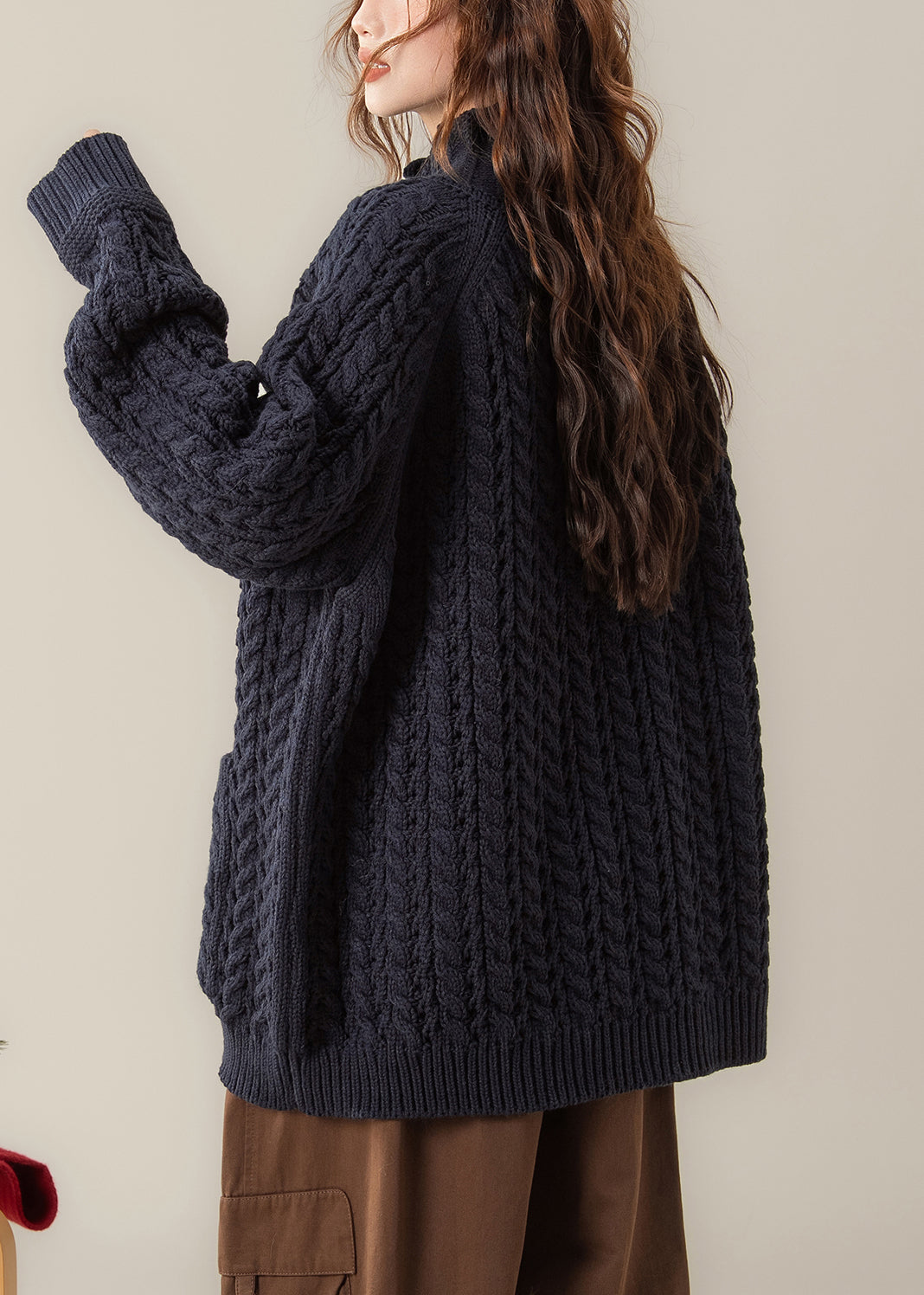 Loose Navy Stand Collar Pockets Cable Knit Coats Winter