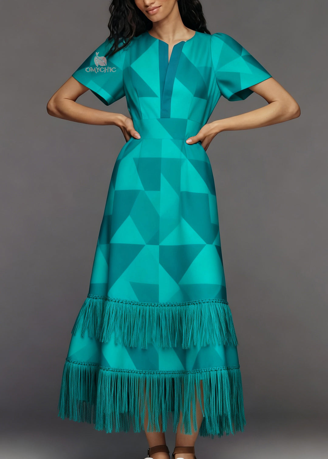 Loose O Neck Geometric Print Tassel Patchwork Cotton Dress Summer
