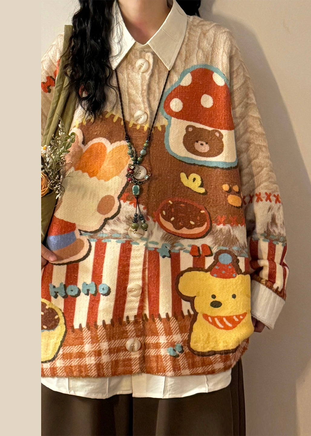 Loose O Neck Print Button Knit Coats Spring