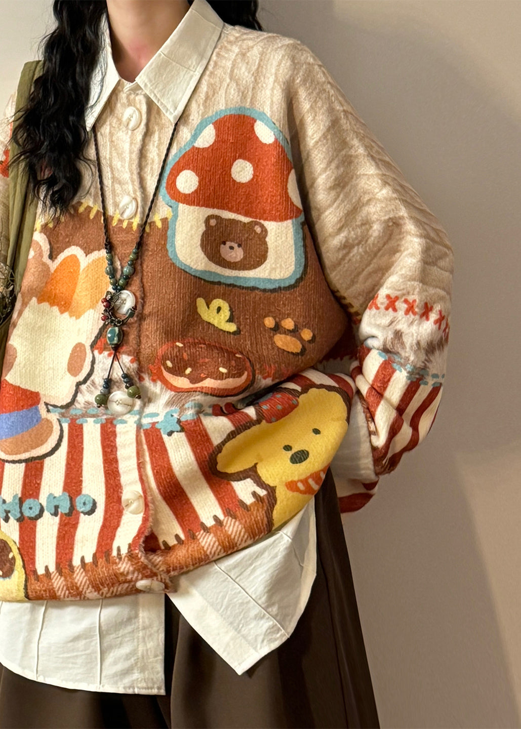 Loose O Neck Print Button Knit Coats Spring