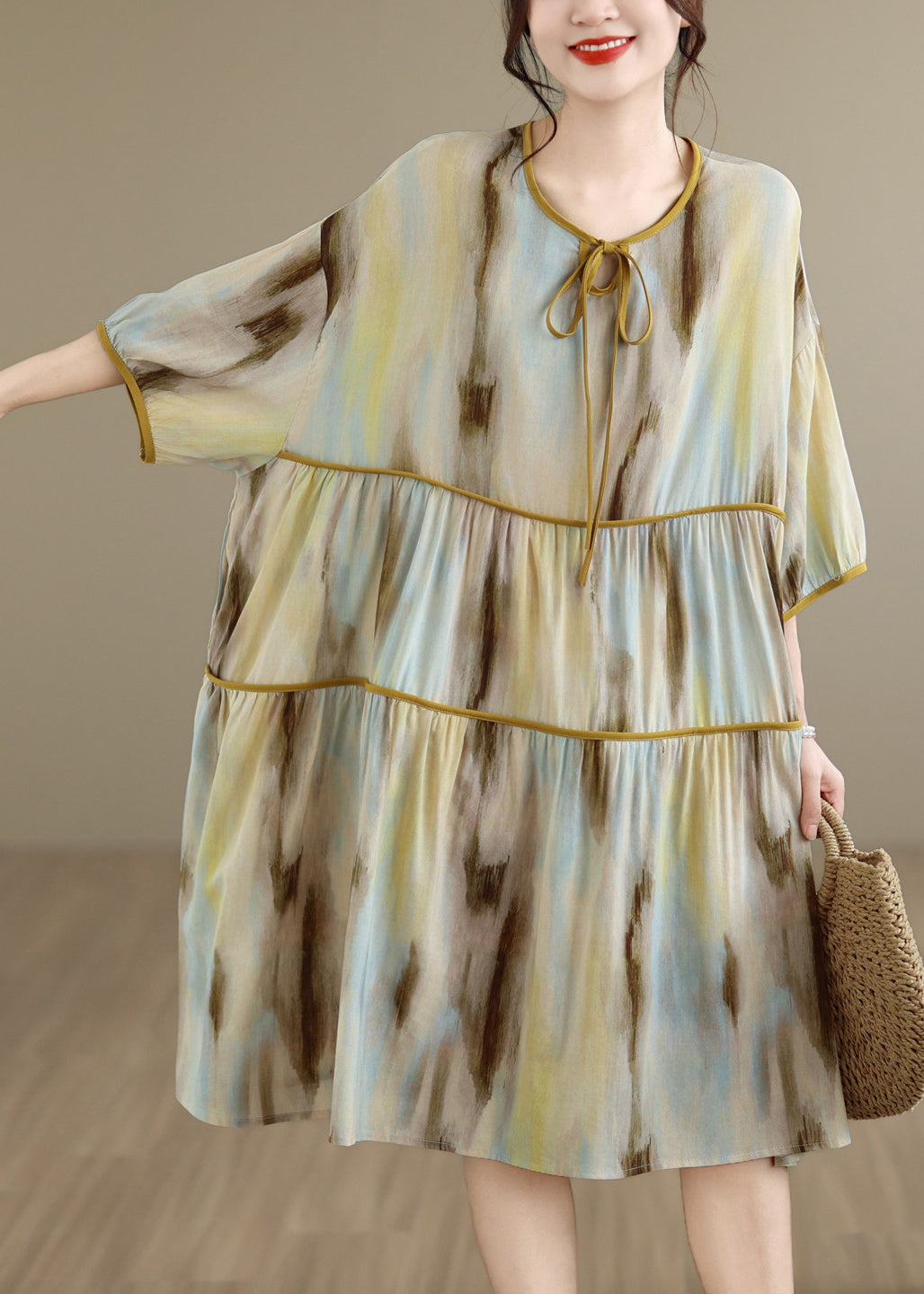 Loose O Neck Print Lace Up Patchwork Cotton Dress Summer