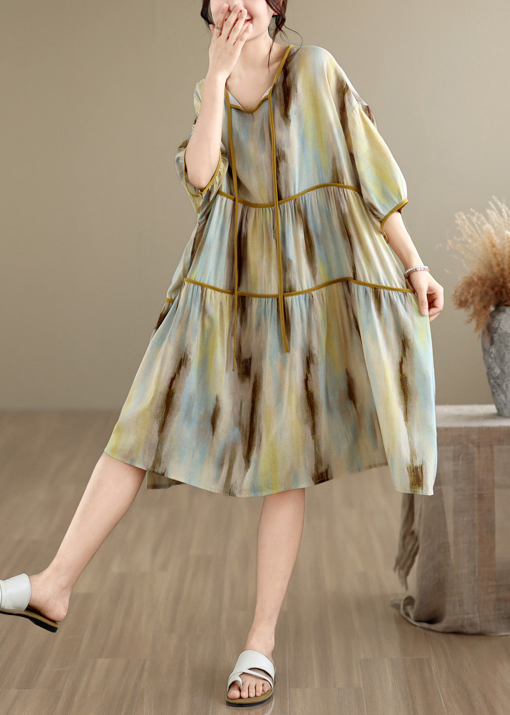 Loose O Neck Print Lace Up Patchwork Cotton Dress Summer