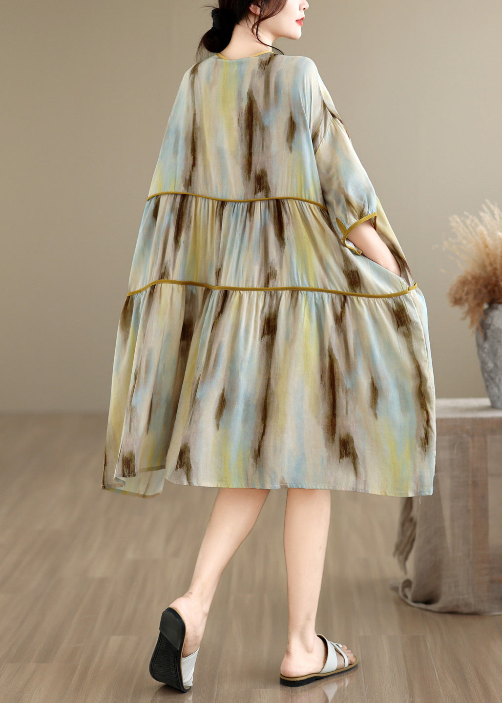Loose O Neck Print Lace Up Patchwork Cotton Dress Summer