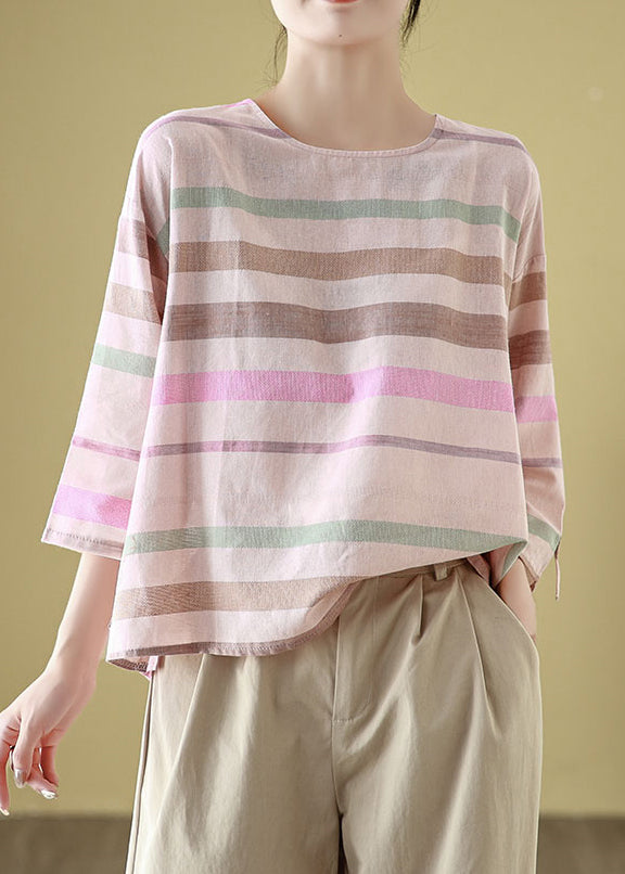 Loose O Neck Striped Cozy Linen T Shirt Bracelet Sleeve