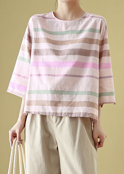 Loose O Neck Striped Cozy Linen T Shirt Bracelet Sleeve