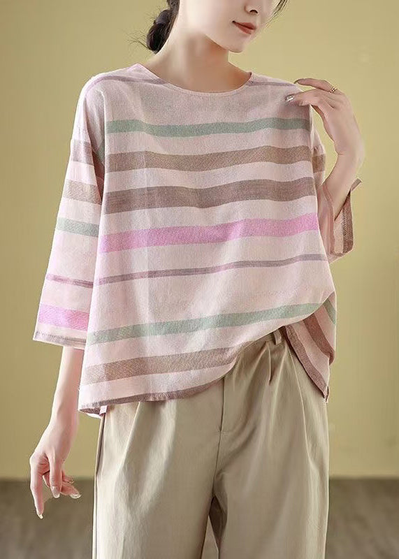 Loose O Neck Striped Cozy Linen T Shirt Bracelet Sleeve
