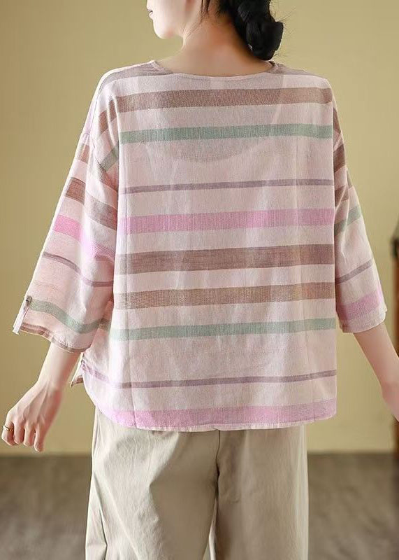 Loose O Neck Striped Cozy Linen T Shirt Bracelet Sleeve
