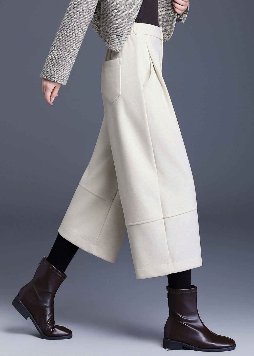 Loose Off Beige Pockets High Waist Woolen Wide Leg Crop Pants Fall