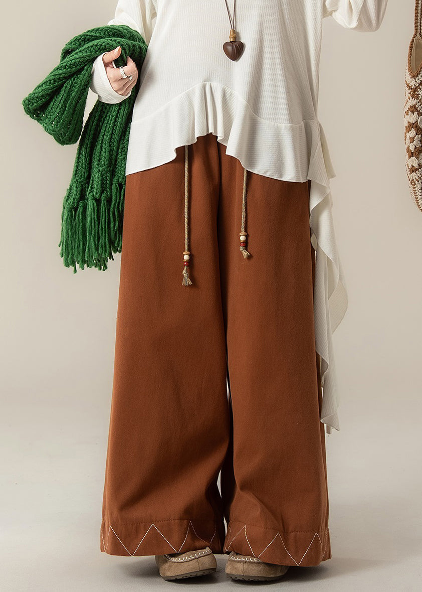 Loose Orange Drawstring Solid Cotton Wide Leg Pants Fall