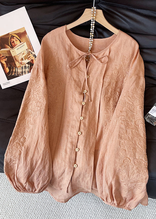 Loose Orange Embroidered Lace Up Cotton Shirt Tops Fall