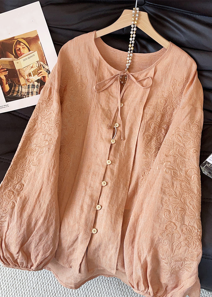 Loose Orange Embroidered Lace Up Cotton Shirt Tops Fall