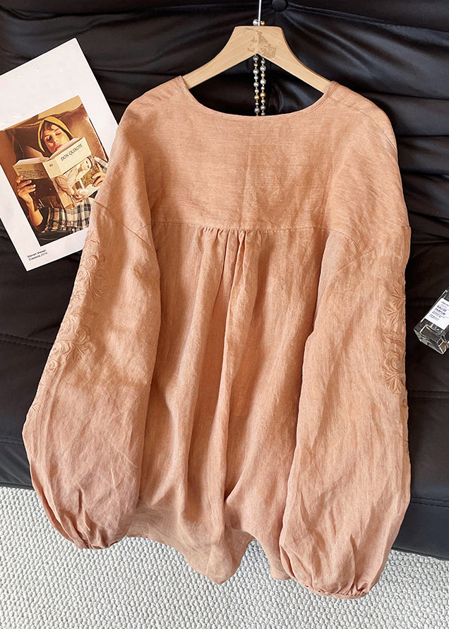 Loose Orange Embroidered Lace Up Cotton Shirt Tops Fall