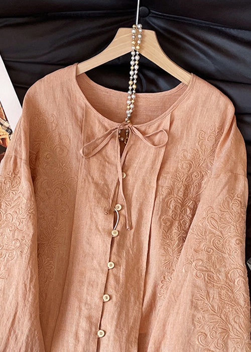 Loose Orange Embroidered Lace Up Cotton Shirt Tops Fall