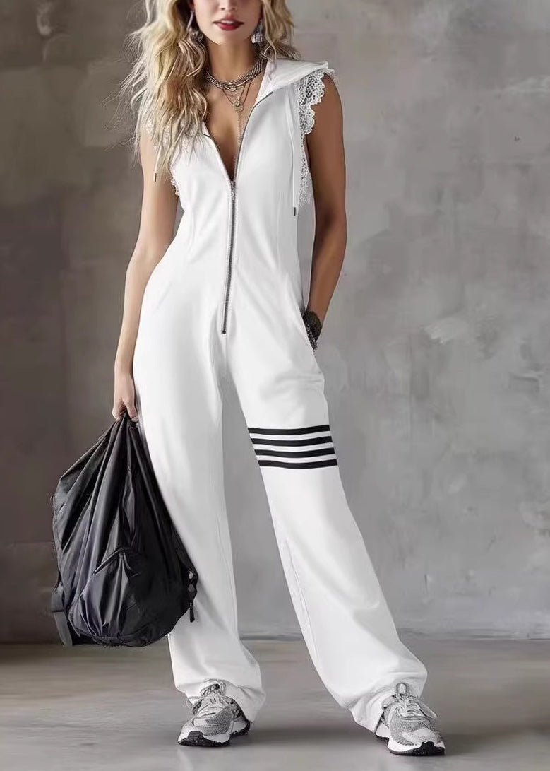 Loose Orange Hooded Striped Cotton Jumpsuits Sleeveless