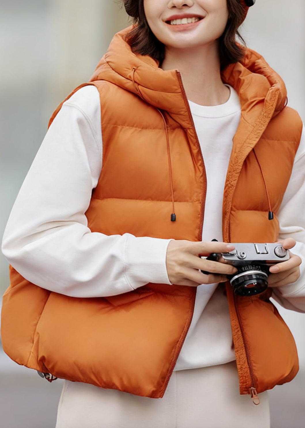 Loose Orange Hooded Zippered Drawstring Duck Down Waistcoat Sleeveless