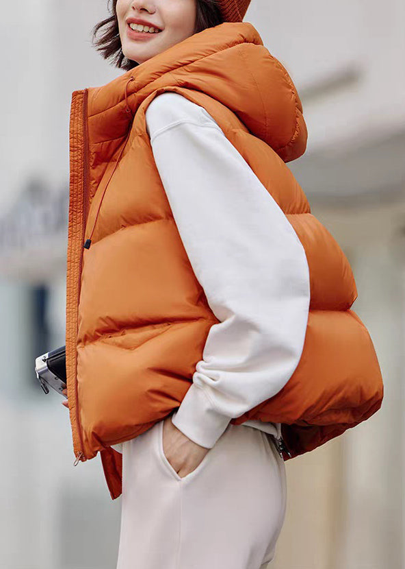 Loose Orange Hooded Zippered Drawstring Duck Down Waistcoat Sleeveless