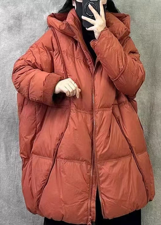 Loose Orange Hooded Zippered Solid Duck Down Puffer Coat Winter