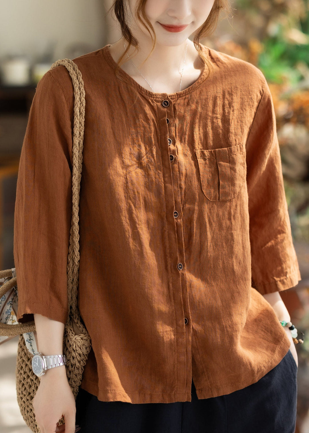 Loose Orange O Neck Button Pockets Linen Tops Bracelet Sleeve