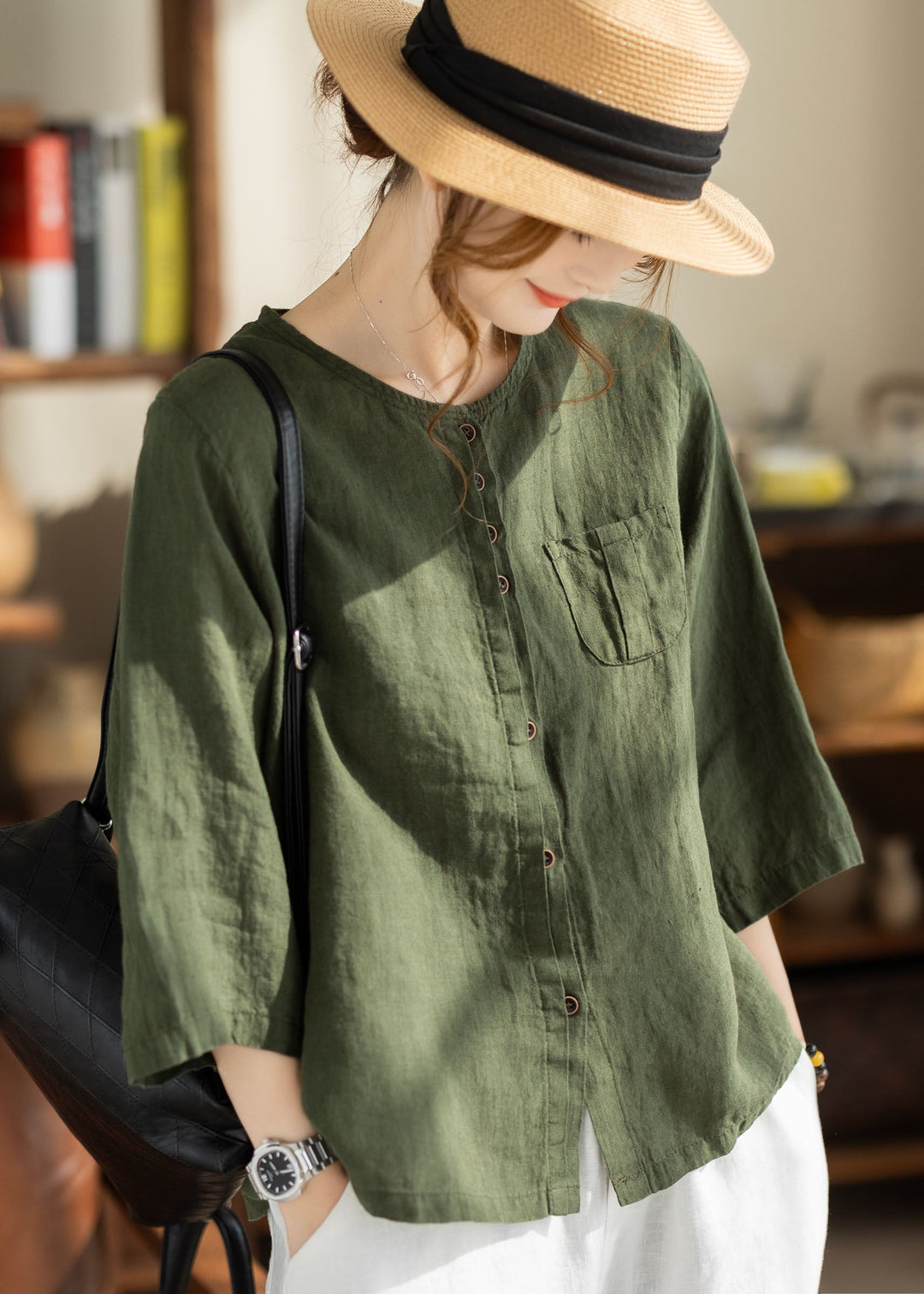 Loose Orange O Neck Button Pockets Linen Tops Bracelet Sleeve