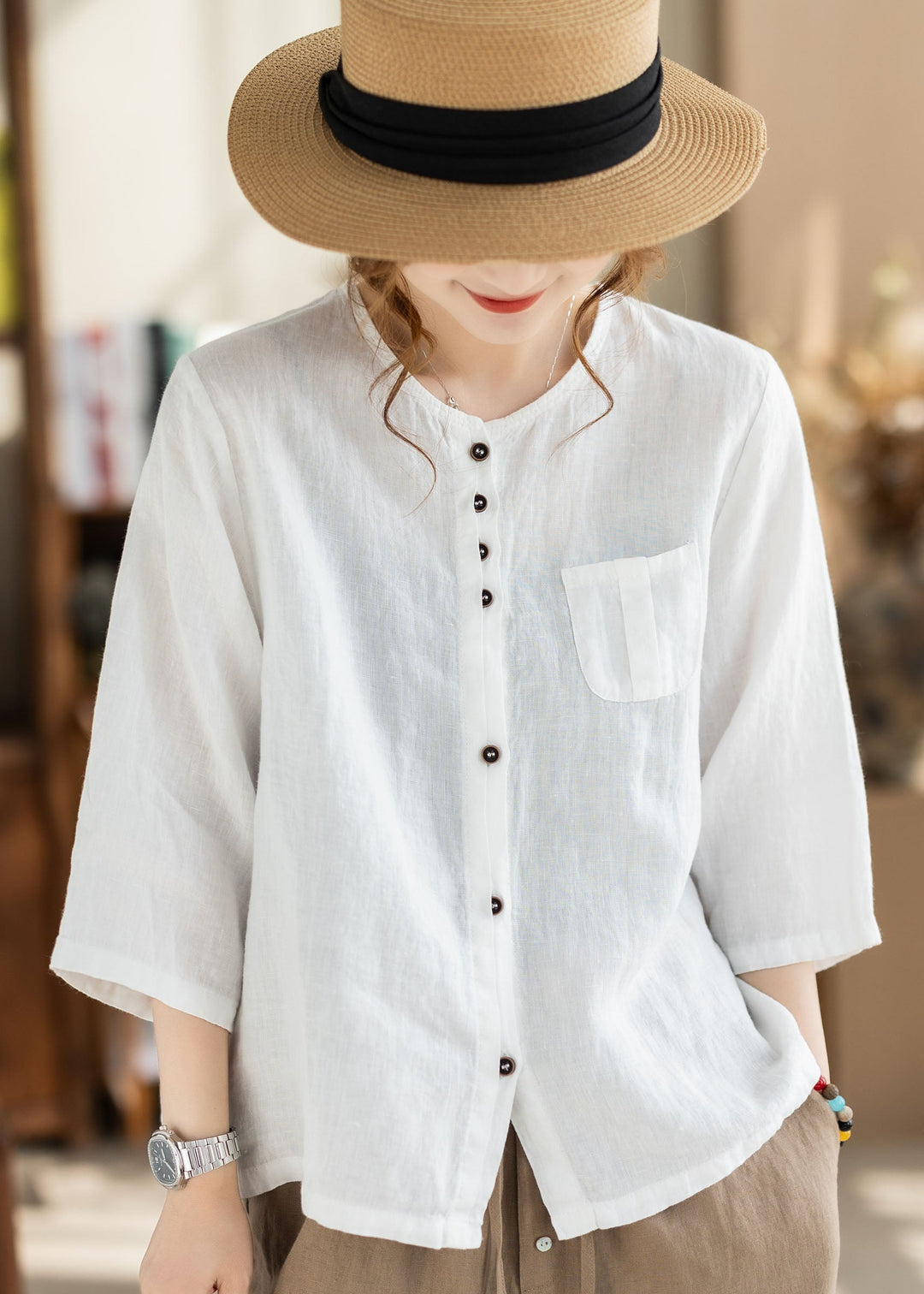 Loose Orange O Neck Button Pockets Linen Tops Bracelet Sleeve
