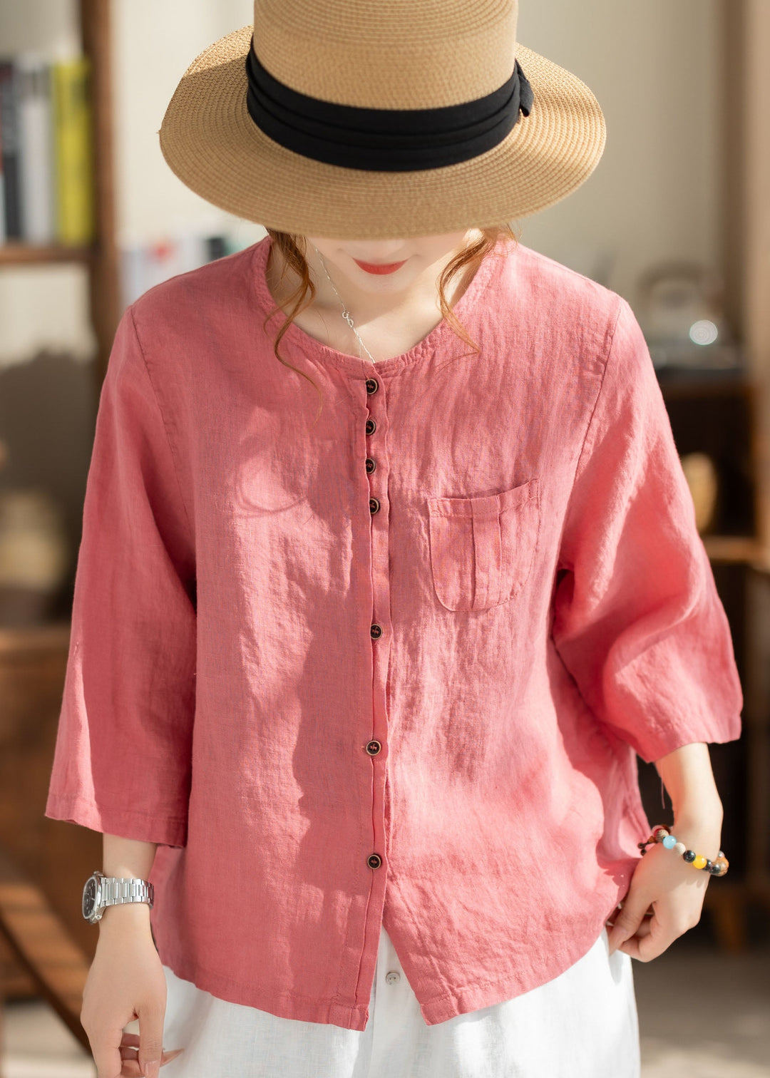 Loose Orange O Neck Button Pockets Linen Tops Bracelet Sleeve