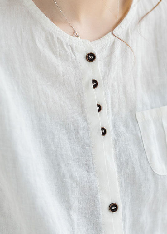 Loose Orange O Neck Button Pockets Linen Tops Bracelet Sleeve