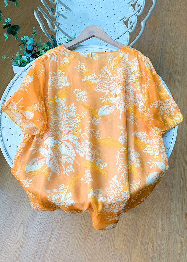 Loose Orange O-Neck Print Patchwork Chiffon T Shirt Summer