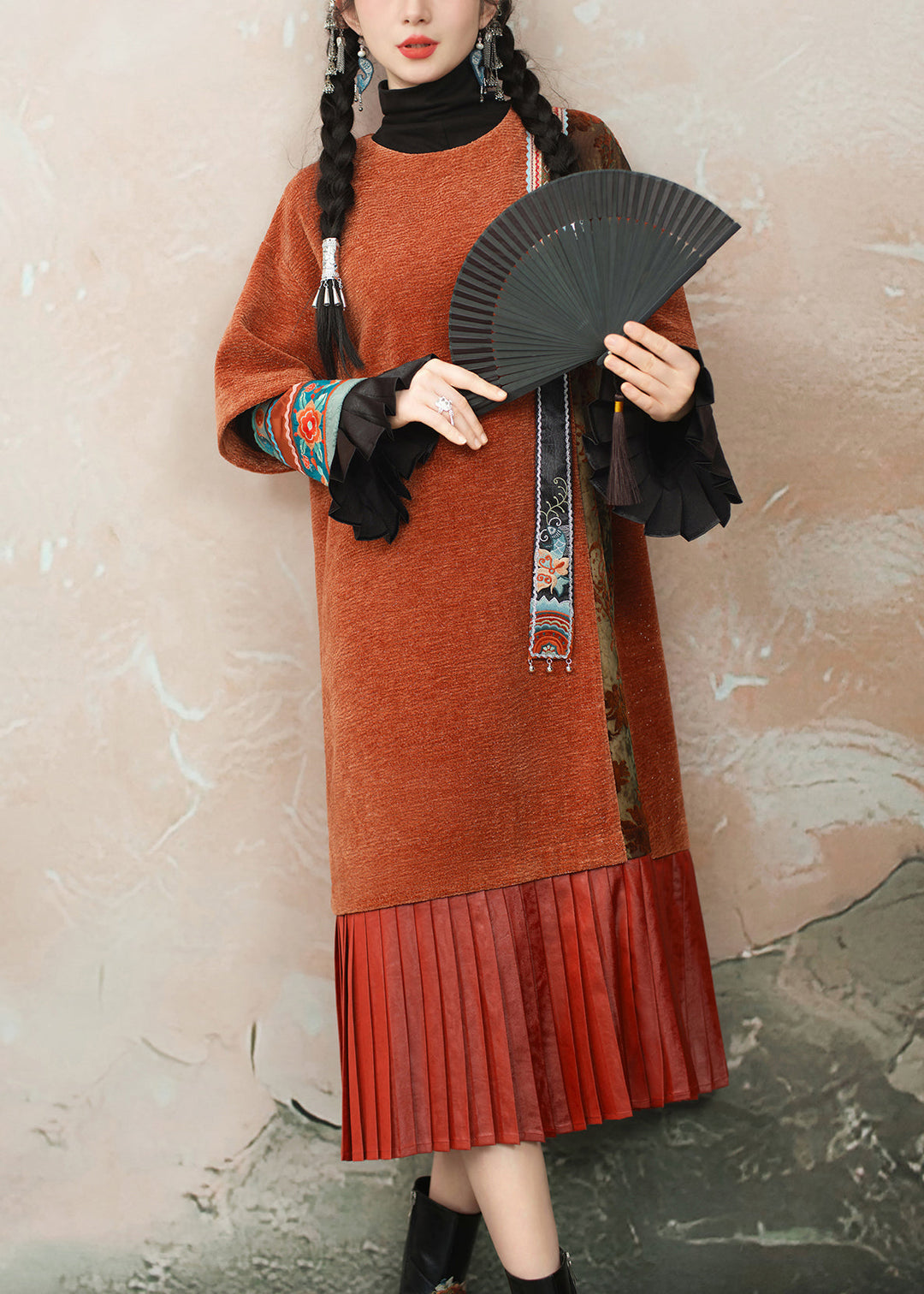 Loose Orange O Neck Wrinkled Patchwork Chenille Dresses Summer