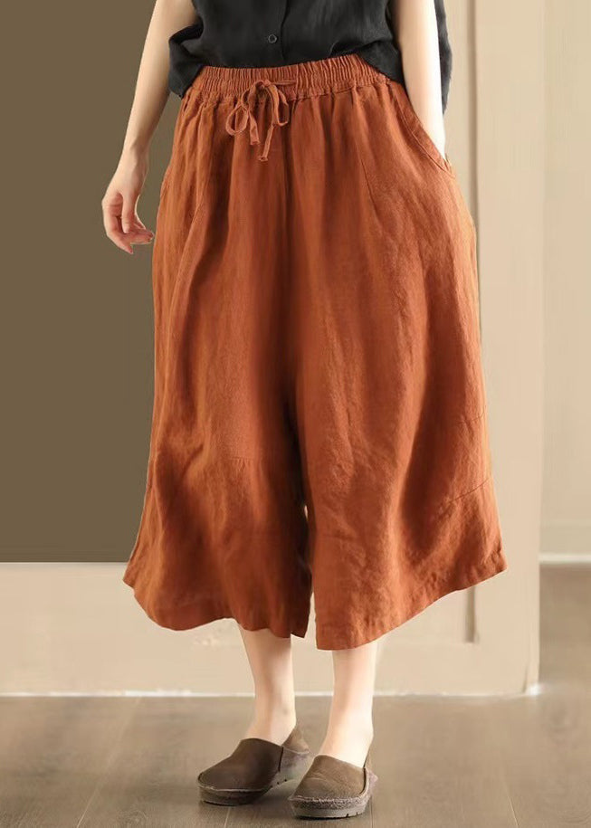 Loose Orange Pockets Elastic Waist Linen Wide Leg Pants Summer