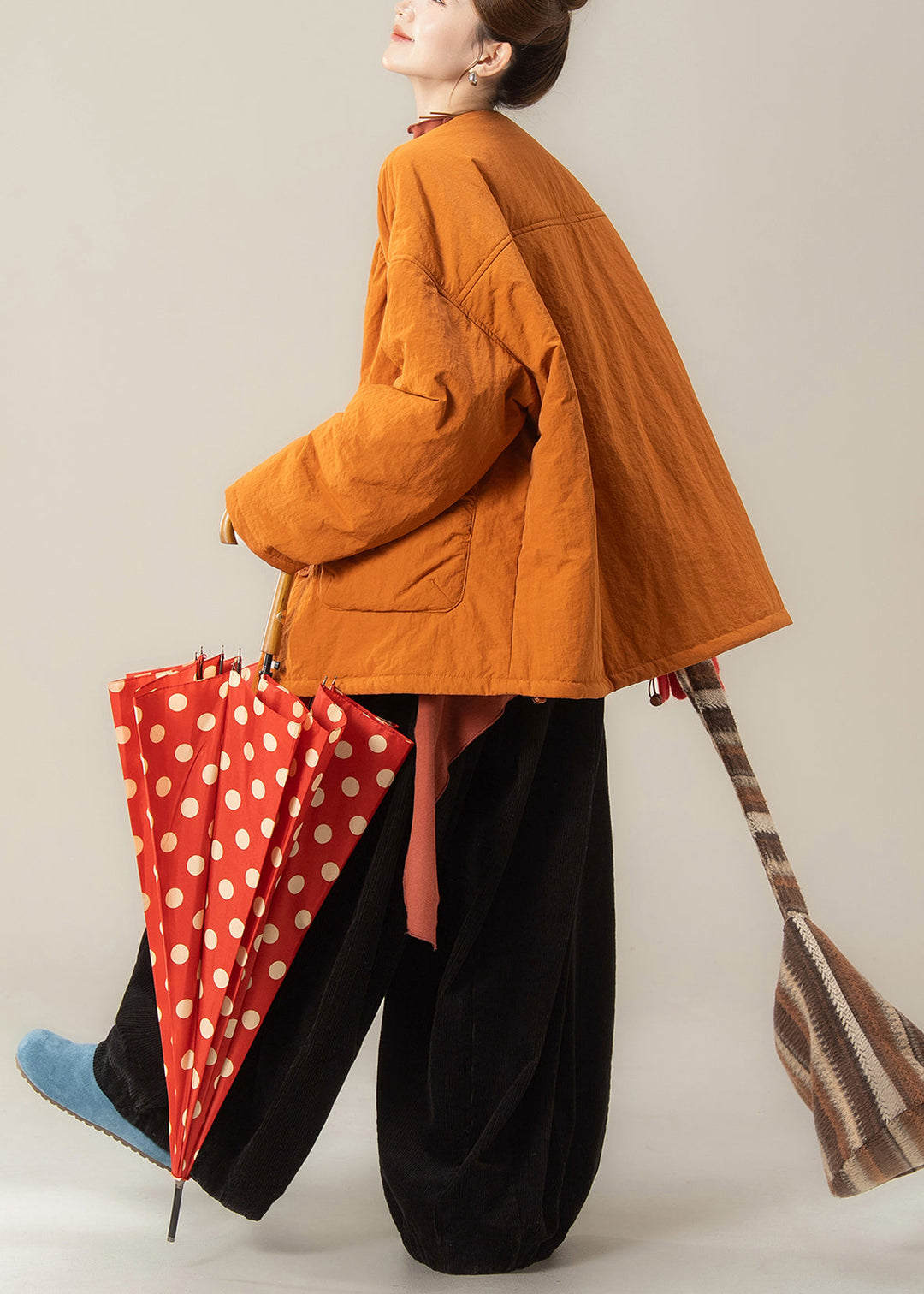 Loose Orange Pockets Parkas And Black Pants Cotton Filled Two Piece Set Winter