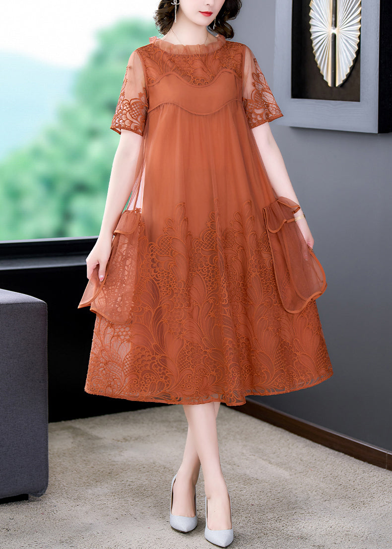 Loose Orange Ruffled Embroidered Tulle Dress Summer