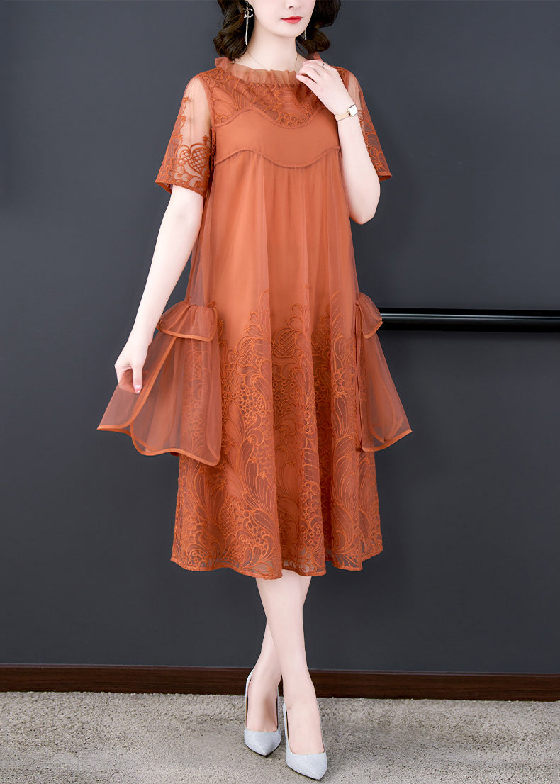 Loose Orange Ruffled Embroidered Tulle Dress Summer