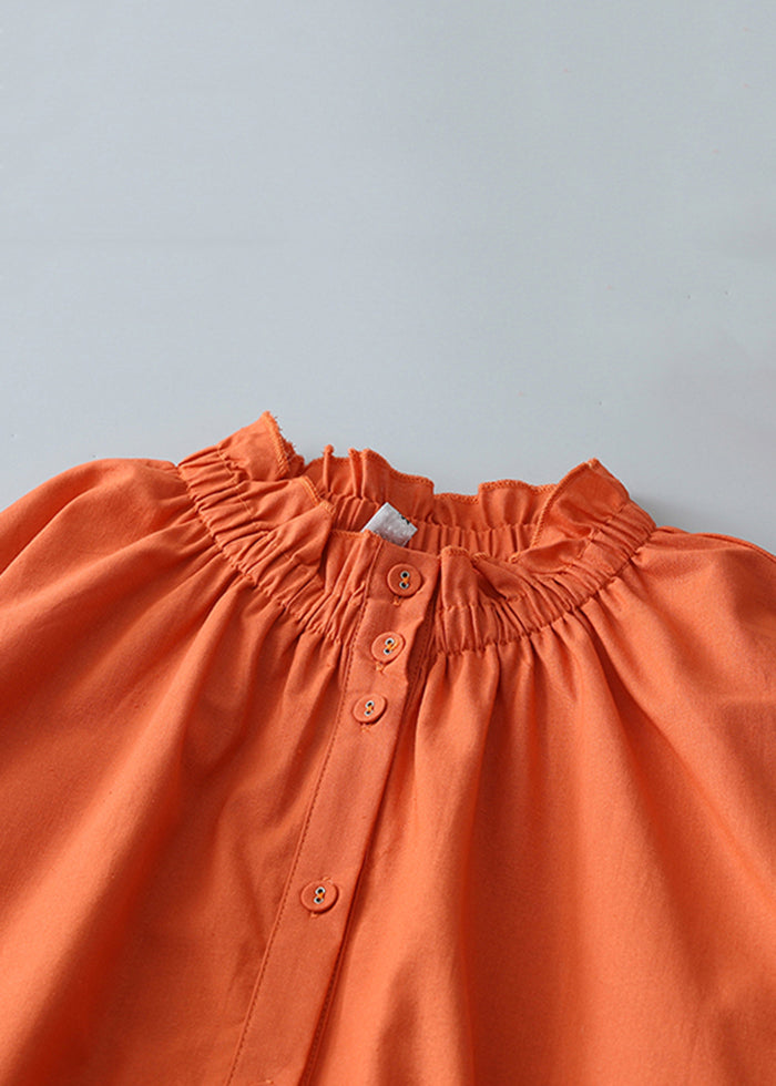 Loose Orange Stand Collar Button Pockets Linen Blouses Dress Summer