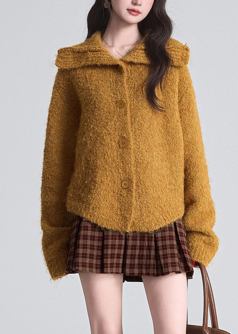 Loose Orange Stand Cozy Collar Cotton Knit Cardigan Fall