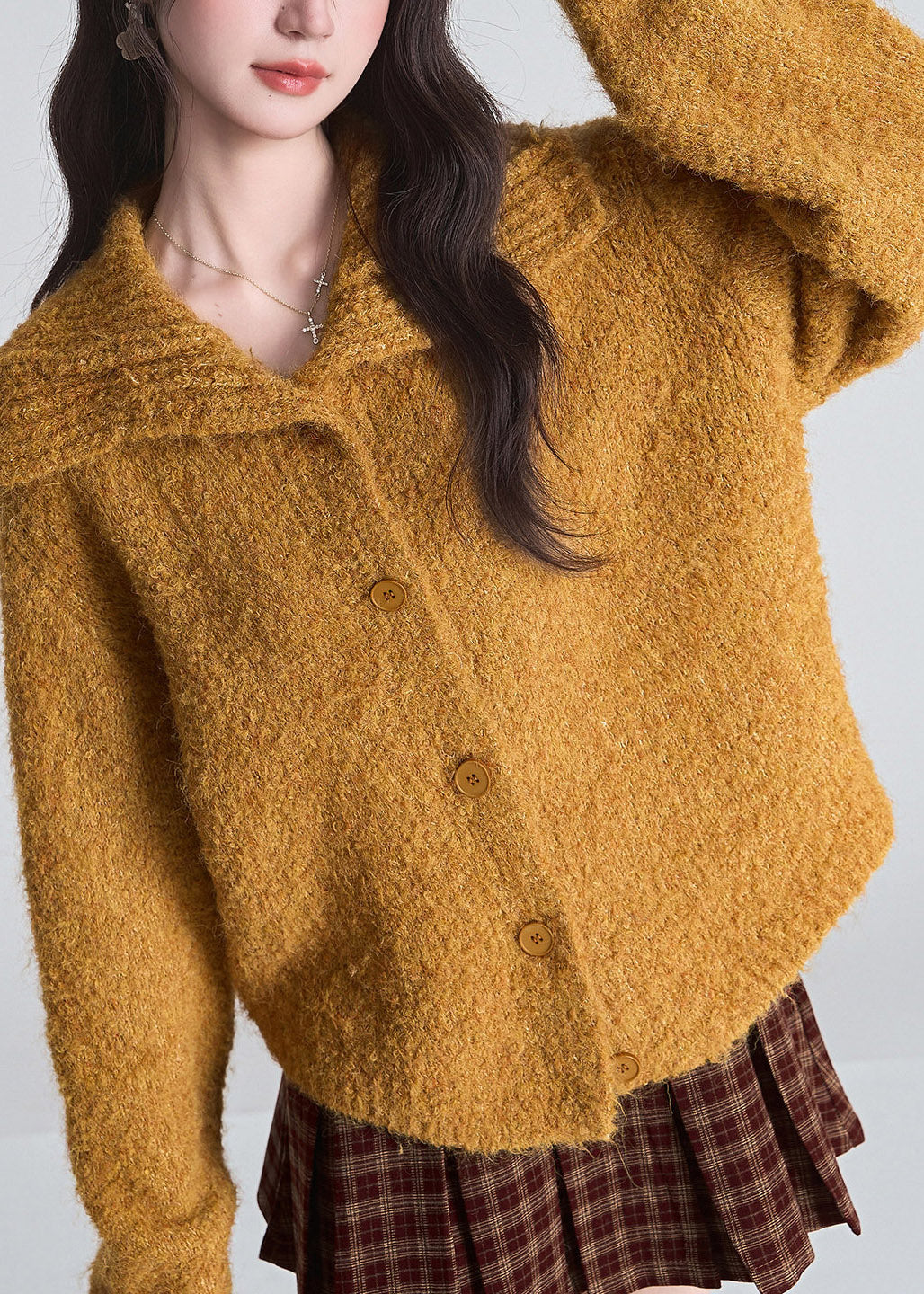 Loose Orange Stand Cozy Collar Cotton Knit Cardigan Fall