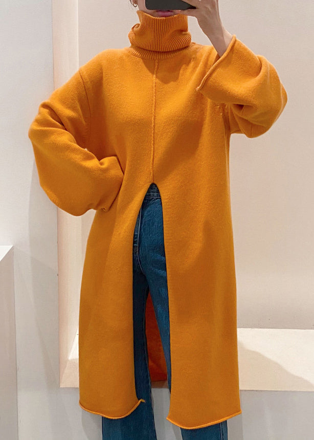 Loose Orange Turtleneck Front Open Knit Sweater Dress Winter