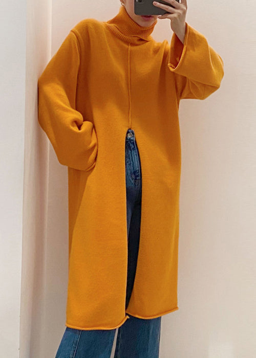 Loose Orange Turtleneck Front Open Knit Sweater Dress Winter
