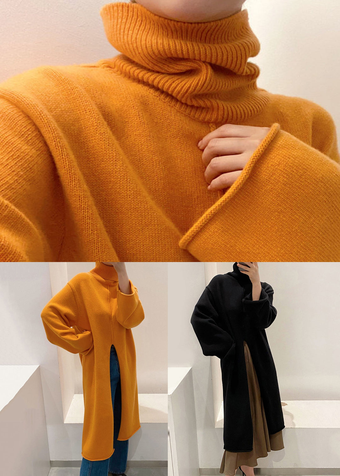 Loose Orange Turtleneck Front Open Knit Sweater Dress Winter