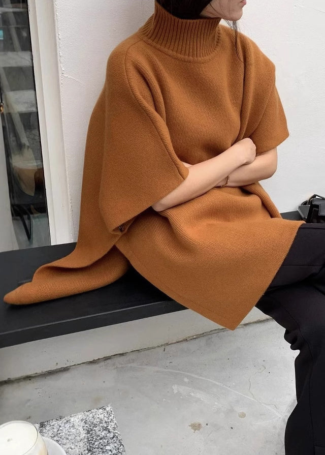 Loose Orange Turtleneck Side Open Cozy Knit Sweaters Fall