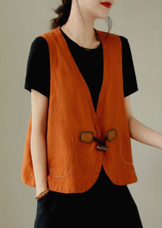 Loose Orange V Neck Button Linen Waistcoat Sleeveless