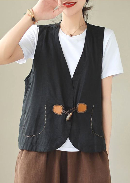 Loose Orange V Neck Button Linen Waistcoat Sleeveless