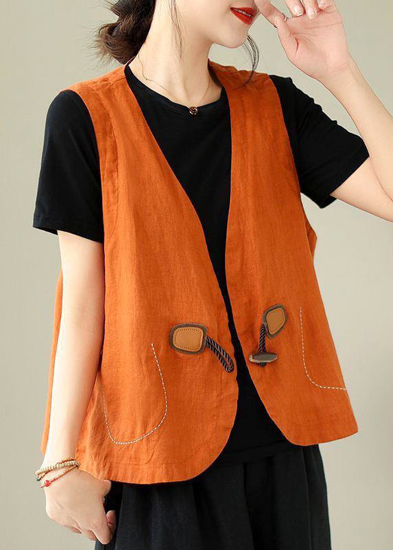 Loose Orange V Neck Button Linen Waistcoat Sleeveless