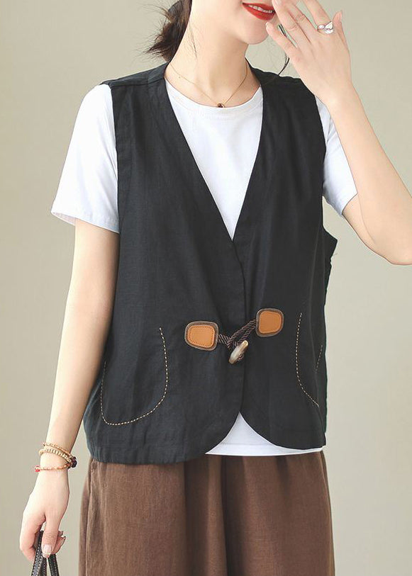 Loose Orange V Neck Button Linen Waistcoat Sleeveless